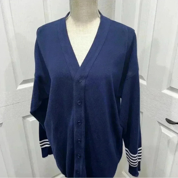 Joan Vass USA navy blue with white stripes nautical beachy cardigan button front - Picture 4 of 9